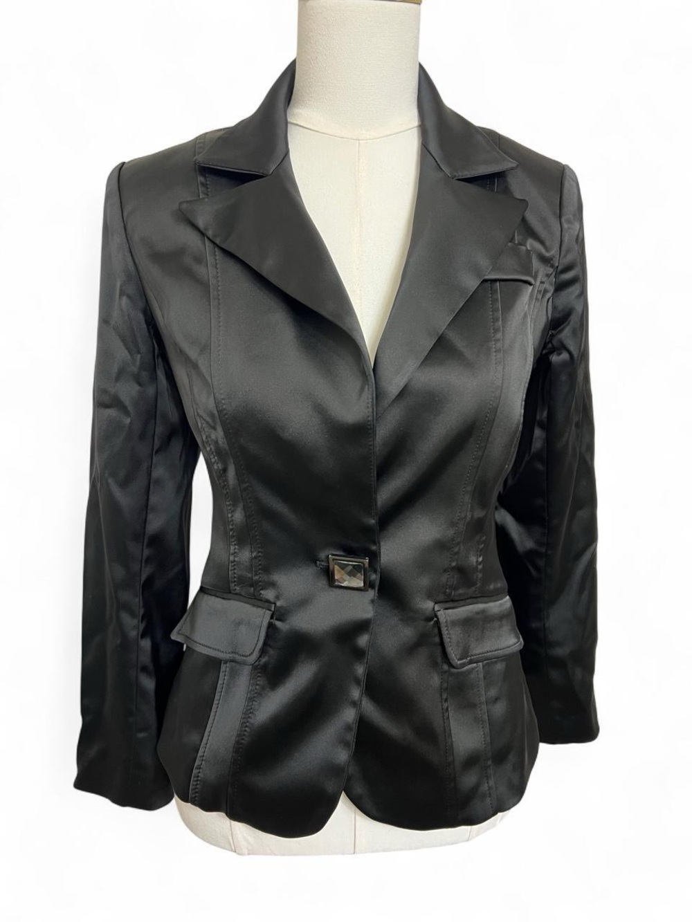 Caché black satin blazer jacket with zebra print interior y2k business casual
